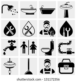 Plumbing and bathroom vector icons set