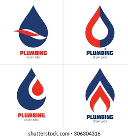 Plumbing Business Icon Vector Set. Plumbing Service Symbol Set. Brand Identity Template. Vector Graphics For Water Flow, Water Drops, Hot & Cold Water, Speed, Gas Flames Concept. Sample Text. Editable