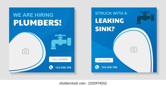 Plumbing business social media banner set, plumber job advertisement, blue colored square ad, pipes repair abstract flyer leaflet industrial concept, isolated.