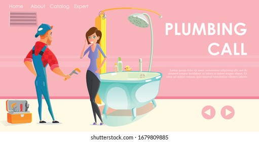 Plumbing Call Website Design Flat Cartoon Vector Illustration. Repair Service Banner, Landing Page. Plumber in Uniform with Wrench and Tool Case in Hands Working in Bathroom. Housewife near Bath.