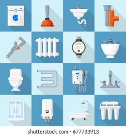 Plumbing cartoon set. Supplies and fixtures, service for home bathroom faucets, kitchen sink. Vector flat style illustration isolated on white background