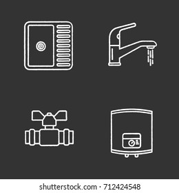 Plumbing chalk icons set. Kitchen sink, faucet, household boiler, plumbing valve. Isolated vector chalkboard illustrations