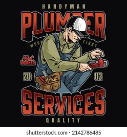 Plumbing colorful vintage label with inscription, handyman in baseball cap and overalls using pipewrench on black background, vector illustration