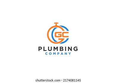Plumbing company logo GC or CG initial pipe with faucet plumber identity repairman