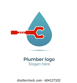 Plumbing company logo vector concept. Illustration for plumber's business. Simple and stylish logotype - water drop with wrench.