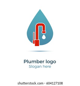 Plumbing company logo vector concept. Illustration for plumber's business. Simple and stylish logotype - water drop with faucet.
