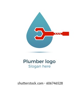 Plumbing company logo vector concept. Illustration for plumber's business. Simple and stylish logotype - water drop with wrench.