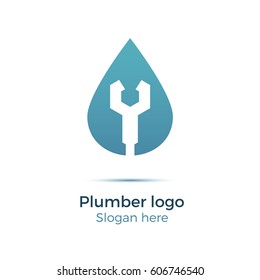 Plumbing company logo vector concept. Illustration for plumber's business. Simple and stylish logotype - water drop with wrench. Negative space design.