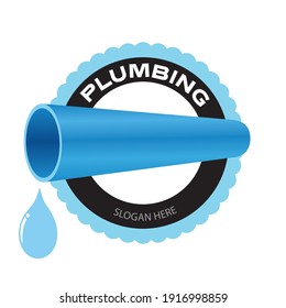 Plumbing company logo. Water pipe with a water drop symbol on white background. Vector illustration badge design.