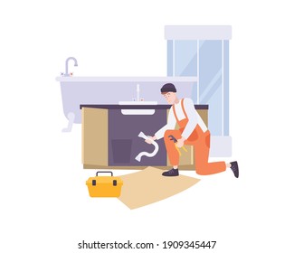 Plumbing composition with flat character of plumber at work with bathroom fixture images vector illustration