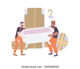 Plumbing composition with flat characters of plumbers carrying new bath vector illustration