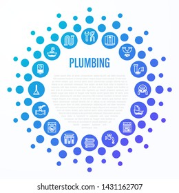 Plumbing concept in circle shape. Thin line icons: water meter, bathtub, sink, water filter, faucet, washing machine, dishwasher, siphon. Vector illustration, template for mailing with copy space.