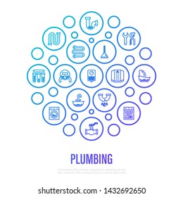 Plumbing concept in circle shape. Thin line icons: water meter, bathtub, sink, water filter, faucet, washing machine, dishwasher, siphon, pipe, ball valve. Vector illustration, template for mailing.