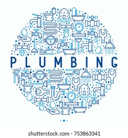 Plumbing concept in circle with thin line icons of bathtub, shower, pipe, wrench, drop, leakage, meter, plunger. Modern vector illustration for banner, web page, print media.