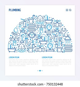 Plumbing concept in half circle with thin line icons of bathtub, shower, pipe, wrench, drop, leakage, meter, plunger. Modern vector illustration for banner, web page, print media.