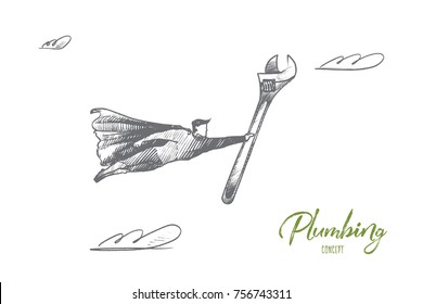 Plumbing concept. Hand drawn superhero with wrench for plumber. Flying man holds plumbing instrument isolated vector illustration.