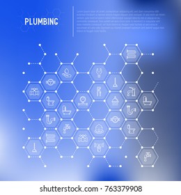 Plumbing concept in honeycombs with thin line icons of bathtub, shower, pipe, wrench, drop, leakage, meter, plunger. Modern vector illustration for banner, web page, print media.