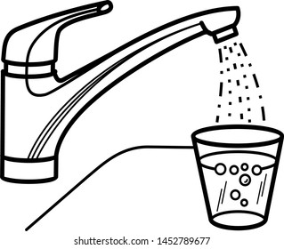 Klempnerkonzept: Wasser fließt aus dem Wasserhahn ins Glas. Symbol im Konturstil