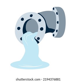 Plumbing element. Liquid pouring from a pipe. Waste water is poured into the river. Illustration in flat cartoon graphic style. Metal sewer pipe with a bend. Clear clean water in the tap.