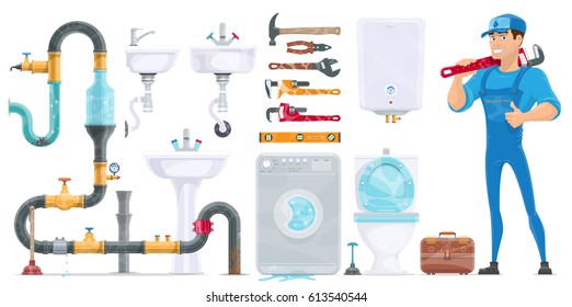 Plumbing elements collection with repairman toolbox repair equipment sewerage sink toilet shower boiler washing machine isolated vector illustration