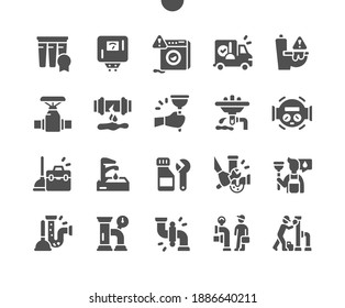 Plumbing elements. Construction of metal piping system. Toilet problems and washer machine problem. Plumber service. Vector Solid Icons. Simple Pictogram