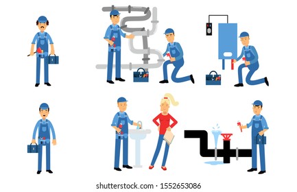 Plumbing Emergency Service Fixes Sink And Pipes, Installs Boilers Vector Illustration Set Isolated On White Background