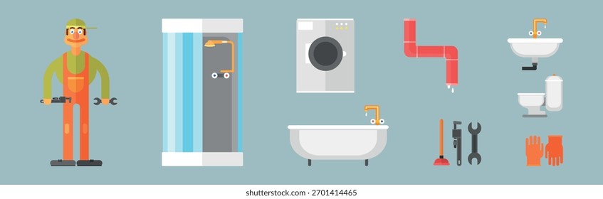 Equipo de fontanería y accesorio Diferentes objetos Vector Set