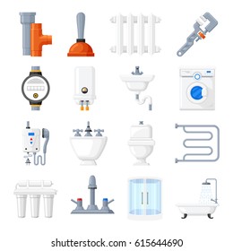 Equipos de fontanería e iconos vectoriales de herramientas. Plomería para una bañera, aseo o cocina en un fondo blanco. Planchas de calefacción eléctrica en casa en estilo plano. 