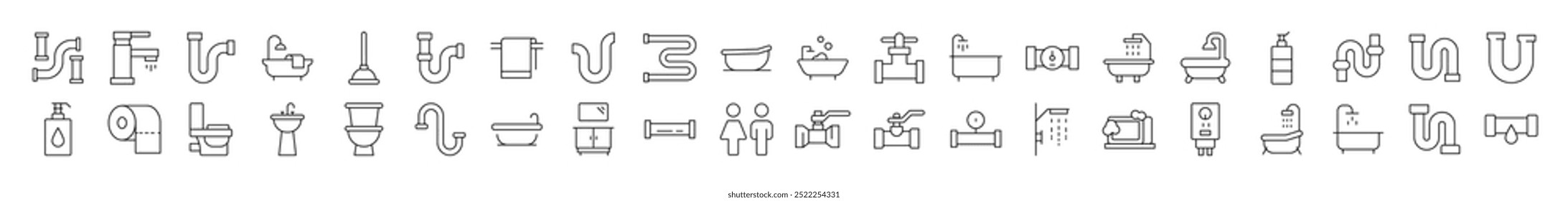 Plumbing, Faucet, Bathroom Bundle of Thin Icons. Editable Stroke. Suitable for Web Sites, Books, Cards, Apps