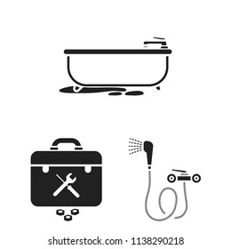 Plumbing, fitting black icons in set collection for design. Equipment and tools vector symbol stock web illustration.