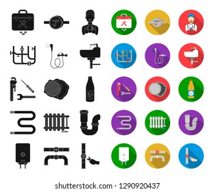 Plumbing, fitting black,flat icons in set collection for design. Equipment and tools vector symbol stock web illustration.