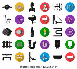 Plumbing, fitting black,flat icons in set collection for design. Equipment and tools vector symbol stock web illustration.