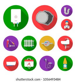 Plumbing, fitting flat icons in set collection for design. Equipment and tools vector symbol stock web illustration.