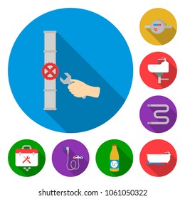 Plumbing, fitting flat icons in set collection for design. Equipment and tools vector symbol stock web illustration.