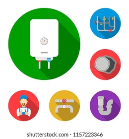 Plumbing, fitting flat icons in set collection for design. Equipment and tools vector symbol stock web illustration.