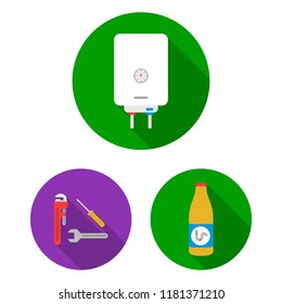 Plumbing, fitting flat icons in set collection for design. Equipment and tools vector symbol stock web illustration.