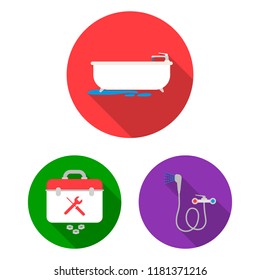 Plumbing, fitting flat icons in set collection for design. Equipment and tools vector symbol stock web illustration.