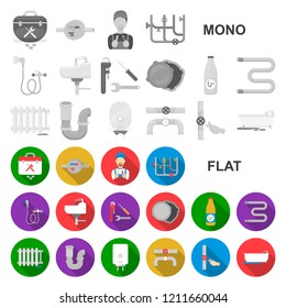 Plumbing, fitting flat icons in set collection for design. Equipment and tools vector symbol stock web illustration.
