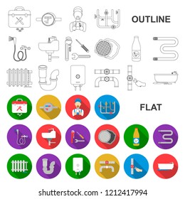 Plumbing, fitting flat icons in set collection for design. Equipment and tools vector symbol stock web illustration.