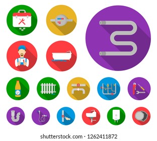 Plumbing, fitting flat icons in set collection for design. Equipment and tools vector symbol stock web illustration.