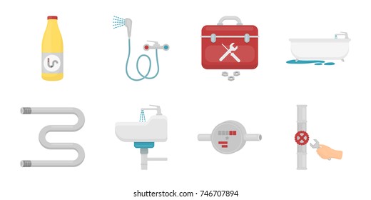 Plumbing, fitting icons in set collection for design. Equipment and tools vector symbol stock web illustration.
