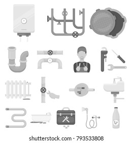 Plumbing, fitting monochrome icons in set collection for design. Equipment and tools vector symbol stock web illustration.