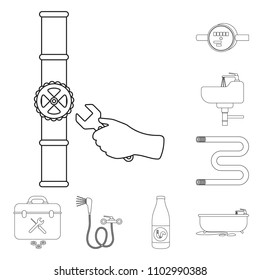 Plumbing, fitting outline icons in set collection for design. Equipment and tools vector symbol stock web illustration.