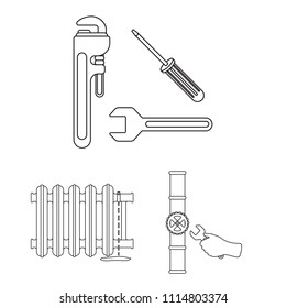 Plumbing, fitting outline icons in set collection for design. Equipment and tools vector symbol stock web illustration.