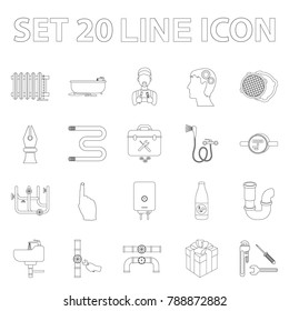 Plumbing, fitting outline icons in set collection for design. Equipment and tools vector symbol stock web illustration.
