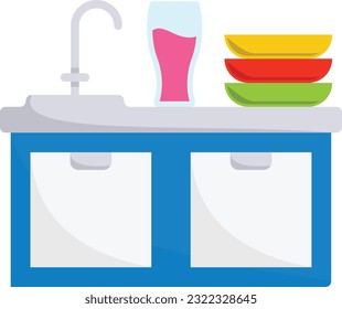 Plumbing fixture counter Top for dishwashing vector icon design, Housekeeping symbol, Office caretaker sign, porter or cleanser equipment stock illustration, Stainless steel kitchen sink concept