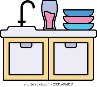 Plumbing fixture counter Top for dishwashing vector color design, Housekeeping symbol, Office caretaker sign, porter or cleanser equipment stock illustration, Stainless steel kitchen sink concept