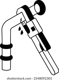 Vector isométrico del contorno del accesorio de fontanería, símbolo del servicio del encargado de mantenimiento Señal de reparación de la casa, ilustración del contratista de construcción de ingeniería civil, tubería de suministro de agua agrietada o rota con concepto de llave