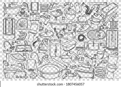 Plumbing fixtures doodle set. Collection of hand drawn sketches templates patterns of house tools bathroom objects toilet shower sink on transparent background. Domestic life illustration.