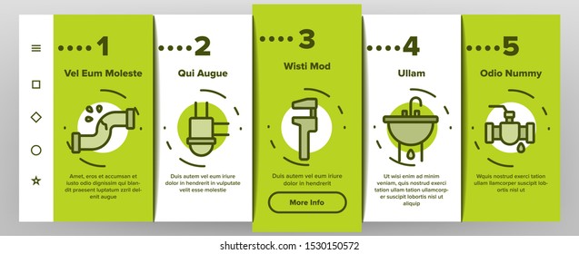 Plumbing Fixtures Onboarding Mobile App Page Screen Vector Icons Set Thin Line. Faucet And Mixer, Valve And Sink, Pipe Tube And Tools Plumbing Fixtures Concept Linear Pictograms. Contour Illustrations